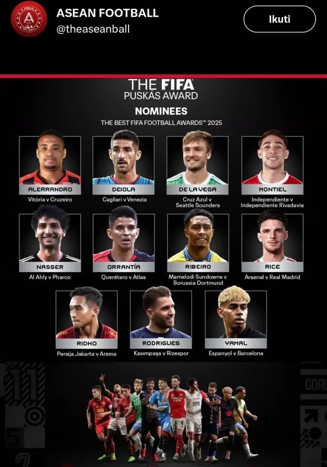 
					Rizky Ridho, kapten Persija Jakarta sekaligus palang pintu Timnas Indonesia, resmi mencatat sejarah baru. FIFA menempatkannya sebagai salah satu kandidat Puskas Award 2025