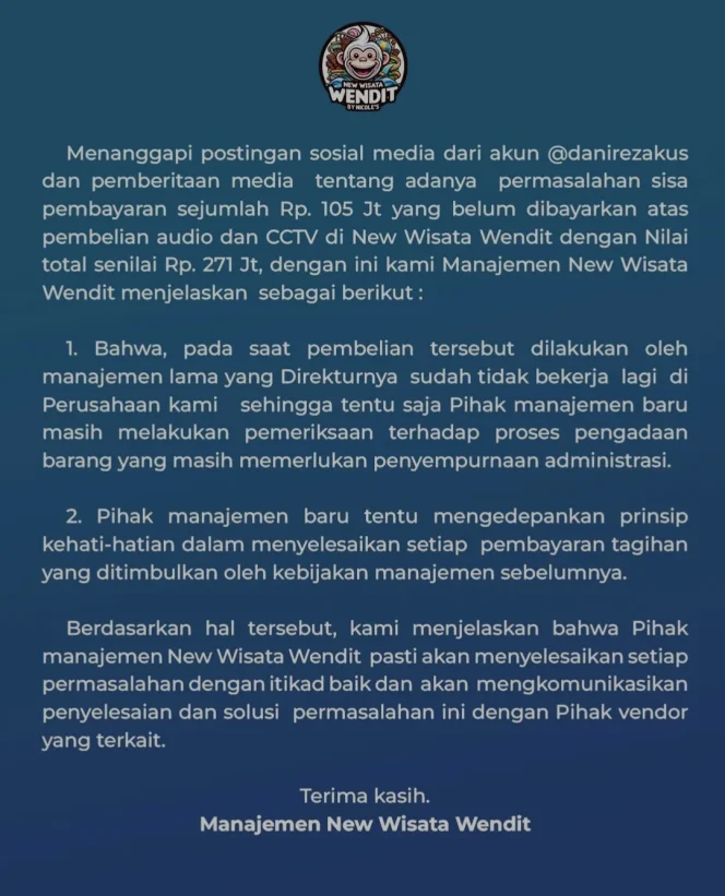 
					Soal Sisa Pembayaran Audio dan CCTV, Manajemen New Wisata Wendit: Masih Tahap Verifikasi Administrasi